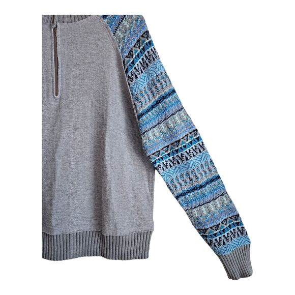 SUNDANCE Women L Sweater 1/2 Zip Gray Blue Fair Isle Sleeves Cotton Modal 42" - Picture 5 of 8